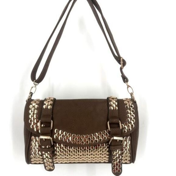 NWT MMS Design Studio Brown & Gold Studded vegan leather Crossbody shoulder Bag - Picture 14 of 15